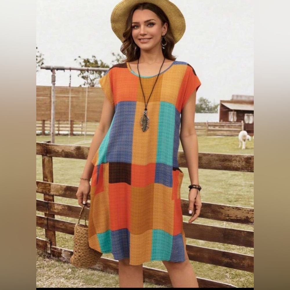 SHEIN Multicolor Plaid Tunic Dress - Orange, Teal, Purple, Red